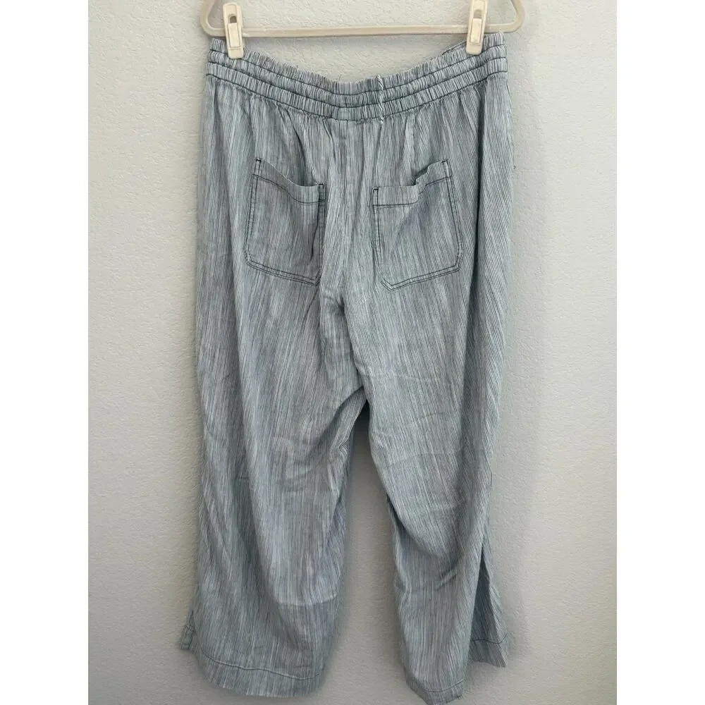 LANE BRYANT Women's Blue Grey Striped Drawstring Wide Leg Linen Pants 18 Coastal